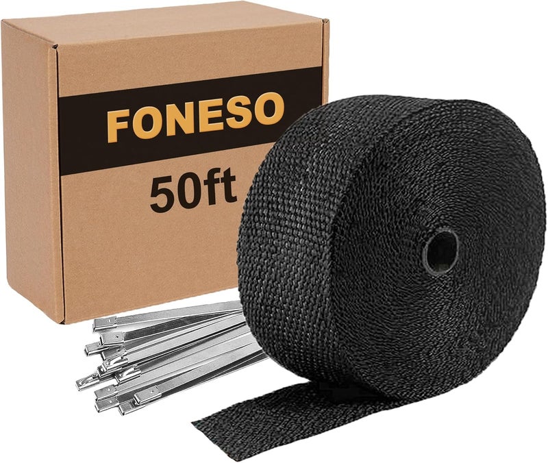 Foneso Black Exhaust Heat Wrap, 2'' x 50' Exhaust Header Wrap Tape Fiberglass Heat Shield Tape with 12pcs Stainless Steel Ties for Motorcycle Car Truck - Image 1